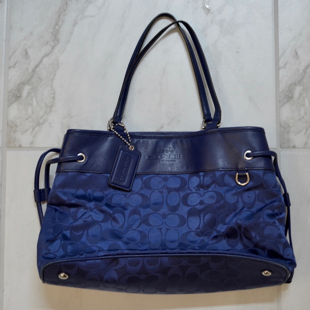 Blue Nylon Coach Shoulder Purse with Leather Trim